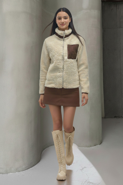 ALFUDO Moda Collection Mock Neck Plush Coat with Zipper