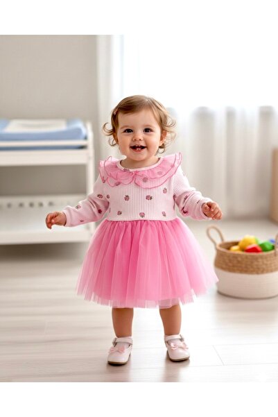BEREN Kız Bebek Pembe Ahududu Baskılı Tütü Elbise