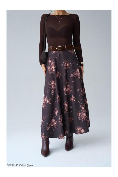 Coral Kemerli Çiçekli Etek De251145 Kahve