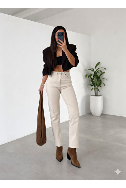 Ecenin Favorileri Ecru Raw Hem Boy Fit Women's Jean Trousers