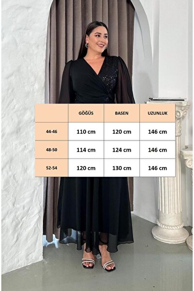 FOR ESRA BIG TREND Kadın Kruvaze Yaka Üst Blok Payet Bel Detay Astarlı Yan Fermuar Şifon Uzun Kol Maxi Abiye Elbise