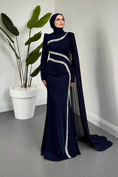 MERVEN AKYÜZ Bellavie Taş Geçişli Pelerinli Abiye Lacivert