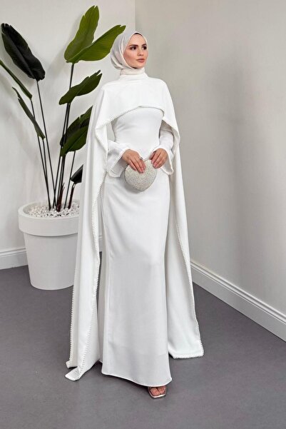 MERVEN AKYÜZ Serein Pelerinli İncili Abiye Beyaz