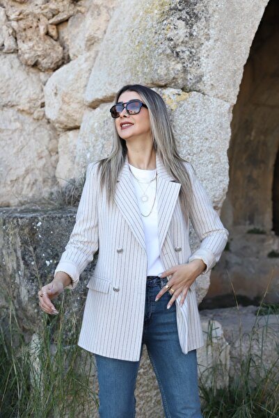 bytugcekaya Stone Striped Four Button Blazer