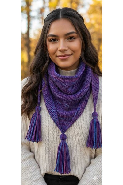Duru Elegance Üç Püsküllü El Örgüsü Mor Boyun Şalı