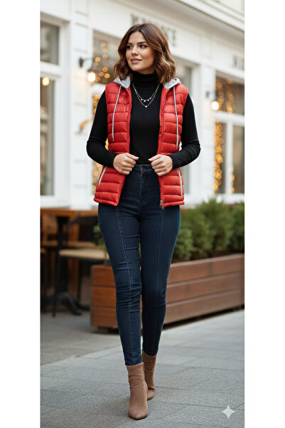 MODA Kırmızı gri penye kapüşonlu bağcıklı cepli şişme yelek( 1beden büyük alı...