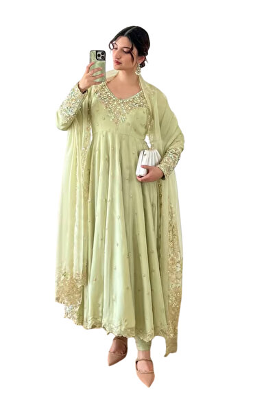MYSMAR Lemon Green Georgette Gown Set - HRT3030 | Lemon Green