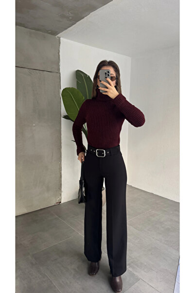 asfamoda Pantaloni de damă din material textil, cu talie înaltă și picior lar...