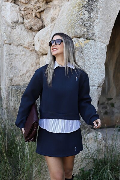 bytugcekaya Navy Blue Shirt Paneled Embroidered Sweatshirt Skirt Set