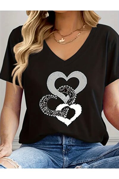 FUFLUNS Women's Oversize V-Neck T-Shirt with Heart Chain Print