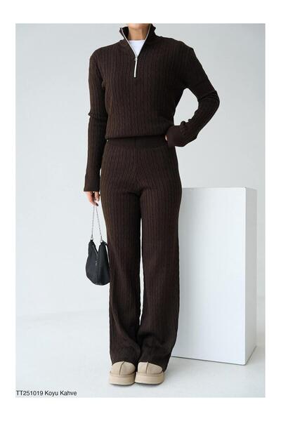 Coral Zippered Knitwear Set Tt251019 Brown