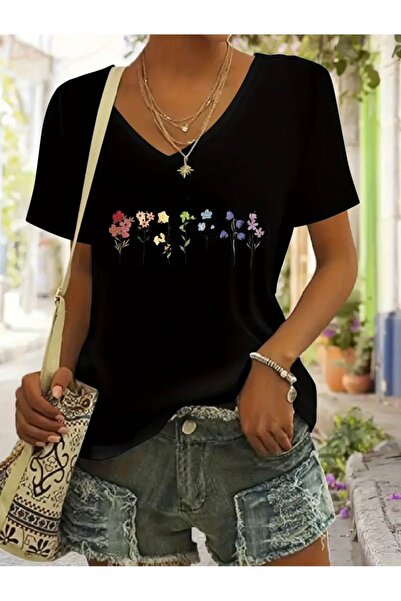 FUFLUNS Colorful Flowers Printed Women's Oversize V-Neck T-Shirt