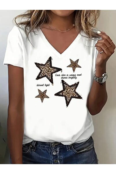 FUFLUNS تي شيرت نسائي كبير الحجم برقبة على شكل حرف V مطبوع عليه نمط الفهد من ...