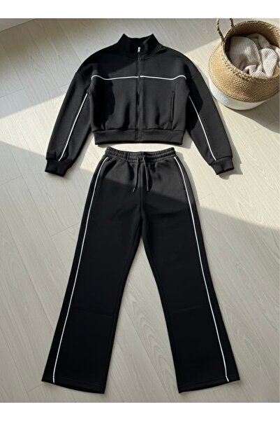 TUNA GİYİM Siyah Beyaz Şeritli Oversize Kesim Fermuarlı Eşofman Takımı - Günl...