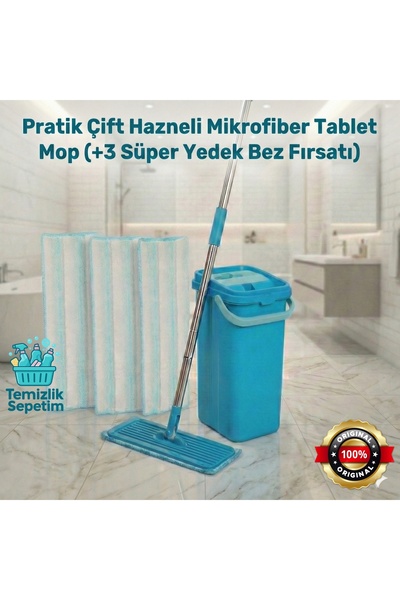 Motek Pratik Çift Hazneli Mikrofiber Tablet Mop Temizlik Seti (+3 Yedek Mop)