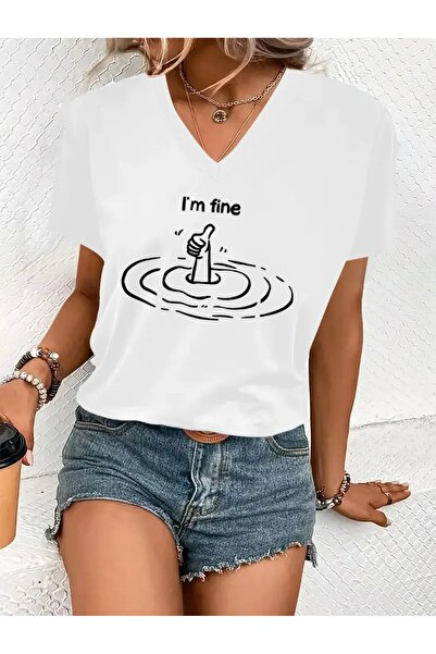 FUFLUNS تي شيرت نسائي كبير الحجم برقبة على شكل حرف V مطبوع عليه I'M FINE