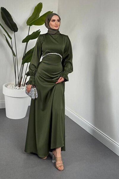 MERVEN AKYÜZ Silvana Beli Taşlı Arkası Büzgülü Abiye Haki