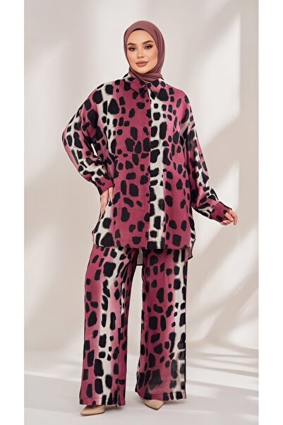 EB SCARF Leopard Patterned Linen Double Suit