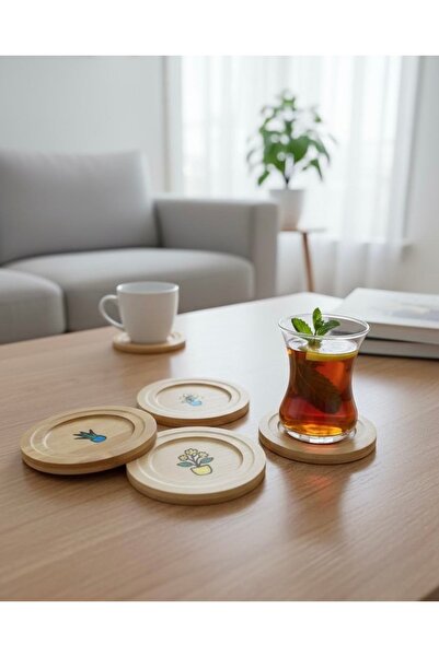 Ahşap 4’lü Lazer Baskı Bardak Altlığı