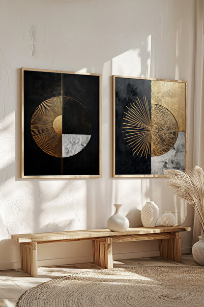 STARYUNA Set de pictură dublă cu detaliu geometric abstract auriu, înrămat în...