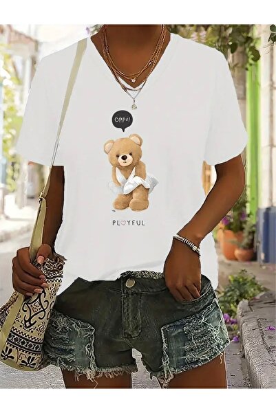 FUFLUNS تي شيرت نسائي كبير الحجم برقبة على شكل حرف V مطبوع عليه OPPS AYICIK