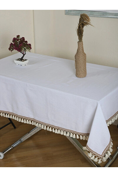 NDC HOME مفرش المائدة القطني الأبيض المخطط بوم بوم