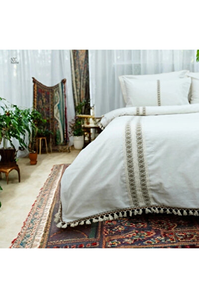 NDC HOME طقم غطاء لحاف مزدوج أصلي مع دانتيل بني خام