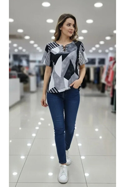 Butik Desenli Püsküllü Viskon Bluz Bebe Yaka Kısa Kollu Big Size Rahat Kesim ...