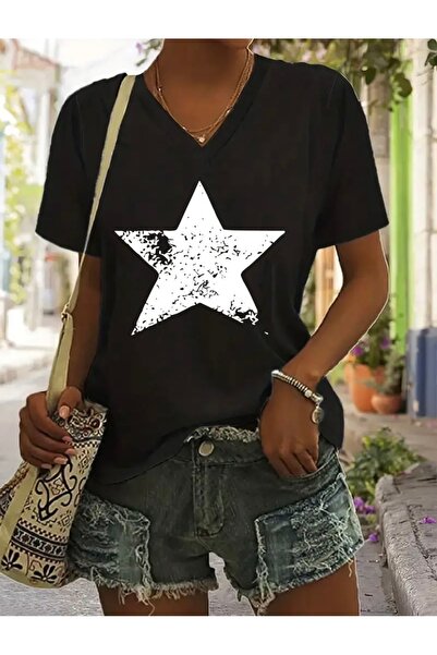 FUFLUNS Heart Printed Women's Oversize V-Neck T-Shirt