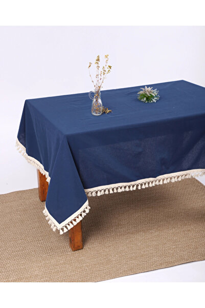 NDC HOME Premium Linen Navy Blue Pompom Tablecloth