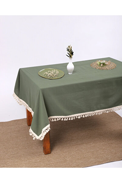 NDC HOME Premium Linen Khaki Pompom Tablecloth