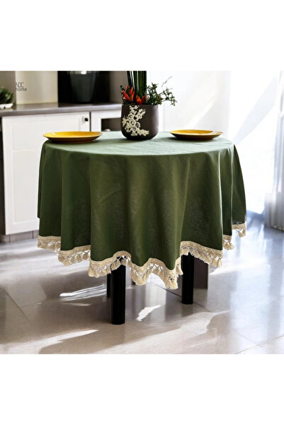 NDC HOME Premium Linen - Round Raw Pompom Tablecloth KHAKi