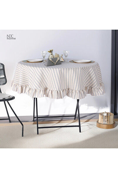 NDC HOME Grey Striped Linen Round Ruffle Tablecloth