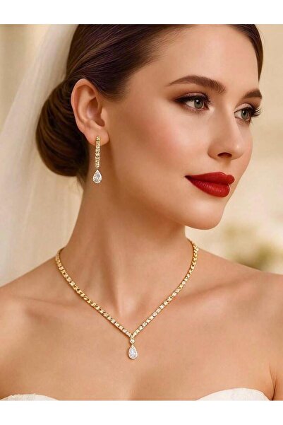 shopidik Damla Kesim Taşlı Altın Rengi Gelin Takı Seti - Zarafetin Simgesi