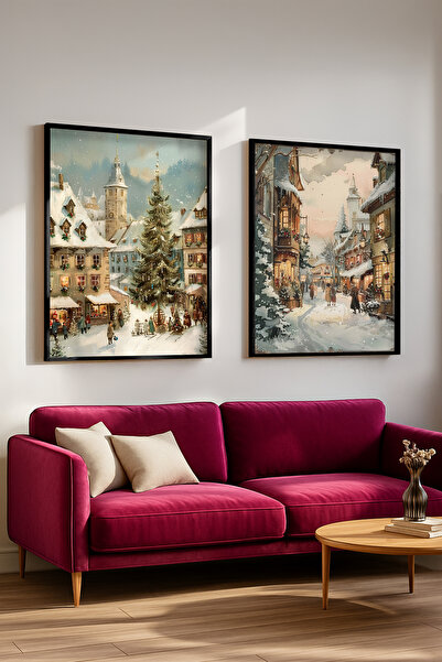 STARYUNA Set de pictură dublă tematică de Crăciun, oraș de iarnă, cu cadru di...