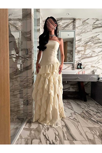 Anood Beige pleated chiffon dress