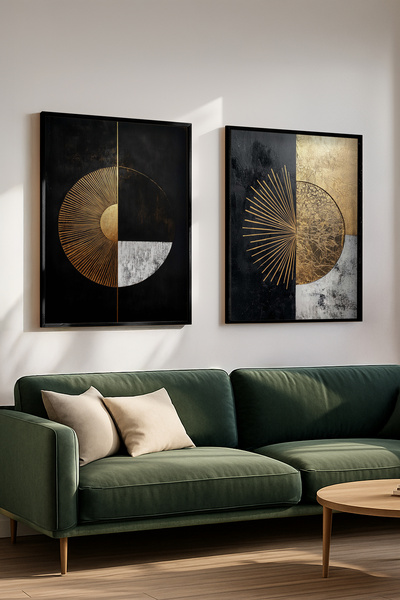 STARYUNA Set de pictură dublă cu detaliu geometric abstract auriu, cu rama di...