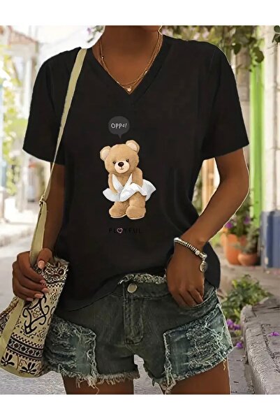 FUFLUNS Opps Bear Printed Women's Oversize V-Neck T-Shirt