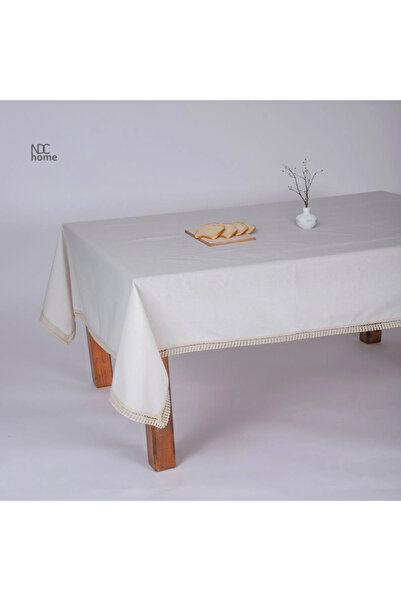 NDC HOME Organic Raw Linen Cream Rusty Fringed Tablecloth