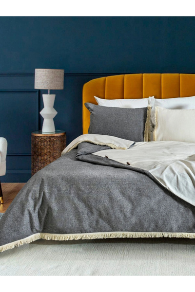 NDC HOME Двоколірний комплект постільної білизни з бавовни з бахромою (антрац...