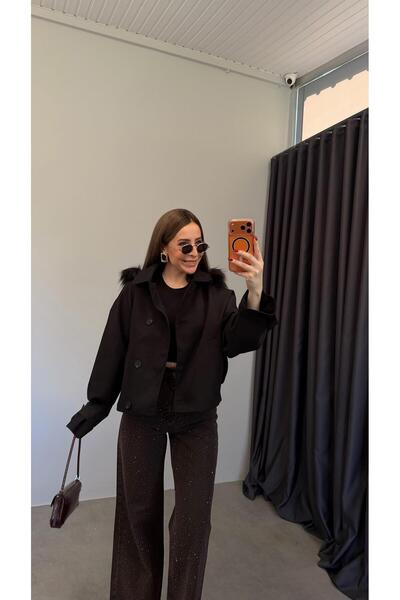 elif teke Kapişonlu Kürklü Parka Ceket Siyah