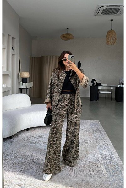 Mzr Collection طقم قميص وبنطلون نسائي بنقشة الفهد