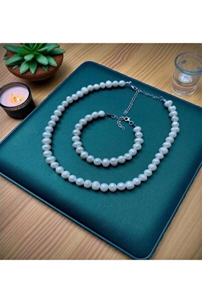 Taşmir 925 Ayar Sertifikalı Gümüş Doğal 8mm Inci Kolye Bileklik Set - 40CM 7c...