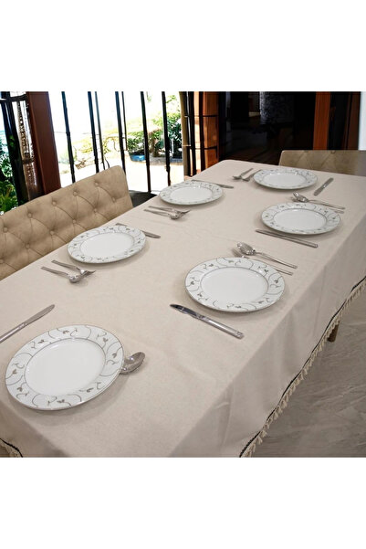 NDC HOME Organic Raw Linen Cream Black Stripe Detailed Pompom Tablecloth