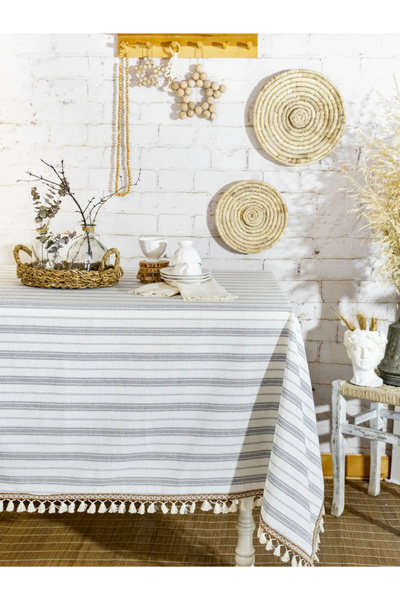 NDC HOME Striped Gray Striped Pompom Tablecloth