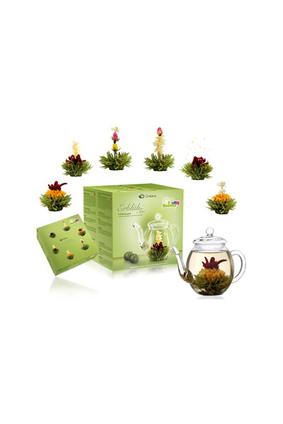 Creano blooming tea gift set with 500 ml glass teapot, 6 fruity green tea var...