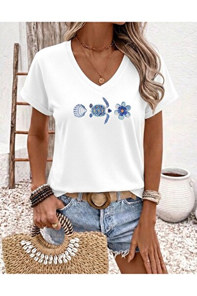 FUFLUNS تي شيرت نسائي كبير الحجم برقبة على شكل حرف V مطبوع عليه زهرة المحار