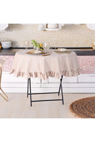 NDC HOME Beige Linen Round Ruffle Tablecloth