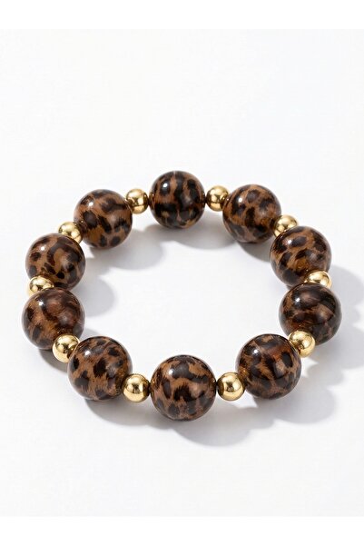 Snartun Brown Leopard Patterned Gold Detailed Beaded Elastic Women's Bracelet...