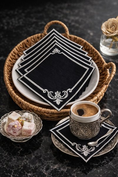 Yavuzhan Metal Set of 6 Black Base White Embroidered Presentation Napkins Coffee and Tea Coasters